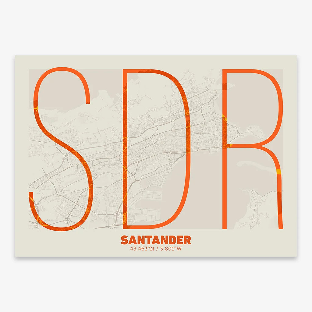 Poster of Santander composed with letters in extra light font printed on orange and an off-white background