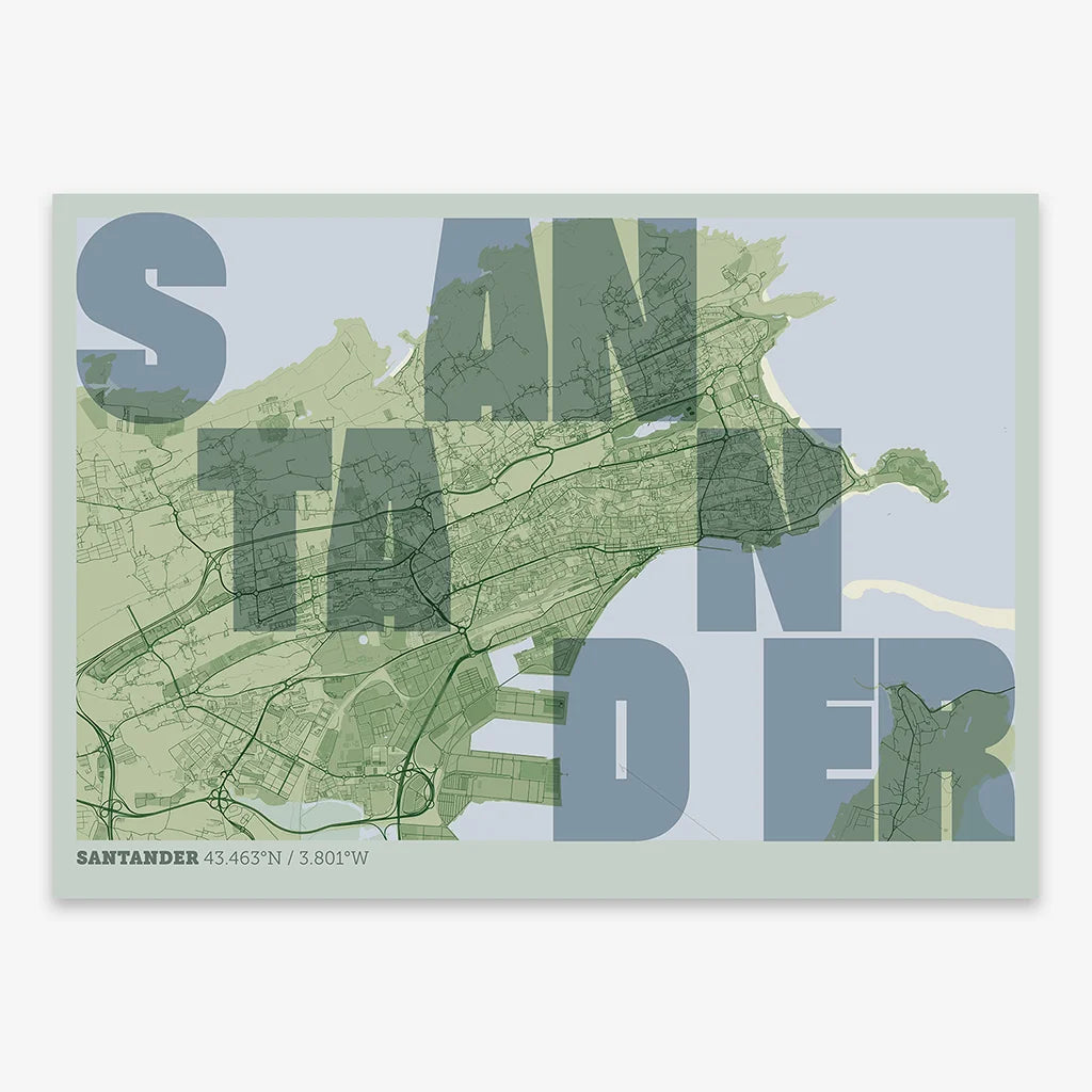 Lámina creativa de Santander – Diseño gráfico y tipografía sobre mapa