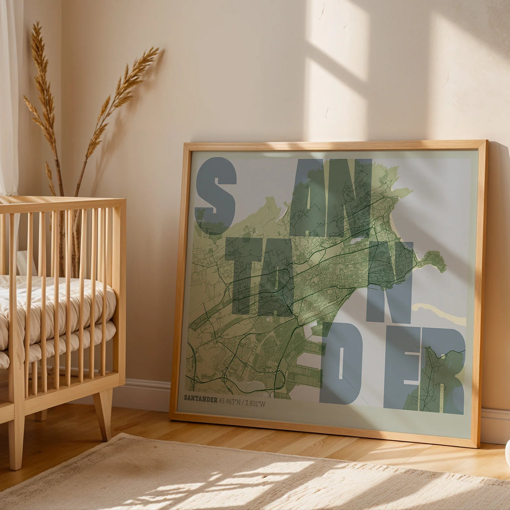 Modern interior design with a Santander in Unruled design, where the city name letters appear randomly across different lines for a truly original urban layout designed in two green tones, displayed on a living room wall