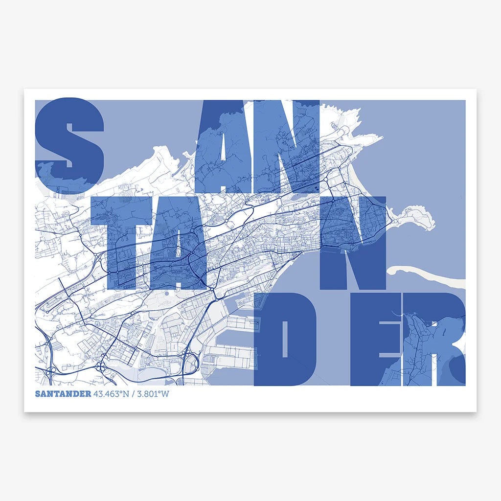 Lámina creativa de Santander – Diseño gráfico y tipografía sobre mapa