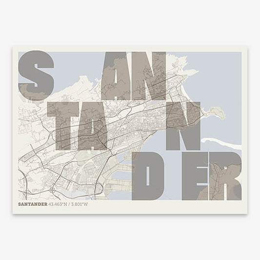 Decorative print of Santander with letters of its name placed randomly, designed in light brown and an off-white background
