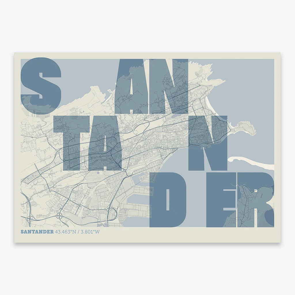 Lámina creativa de Santander – Diseño gráfico y tipografía sobre mapa