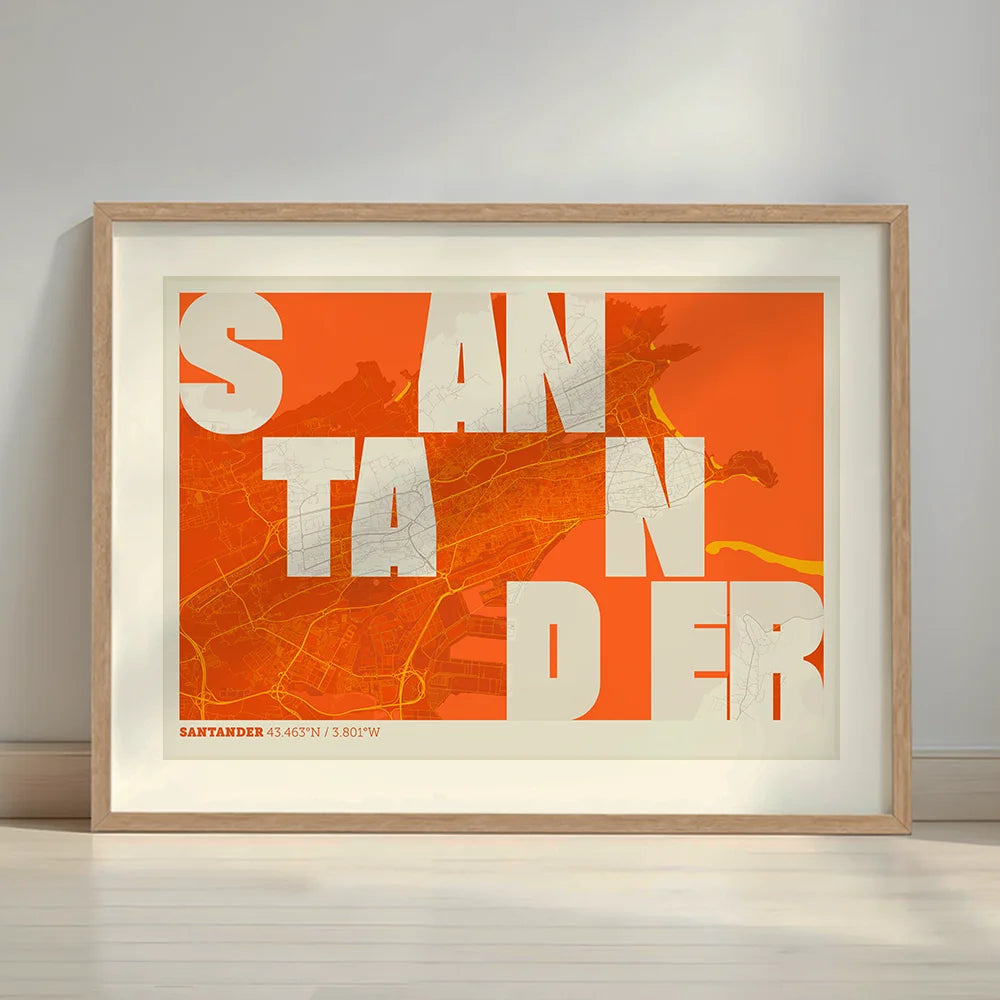 Framed Santander in Unruled design, where the city name letters appear randomly across different lines for a truly original urban layout designed in orange and an off-white background with a white margin border in a warm lit minimalist setting