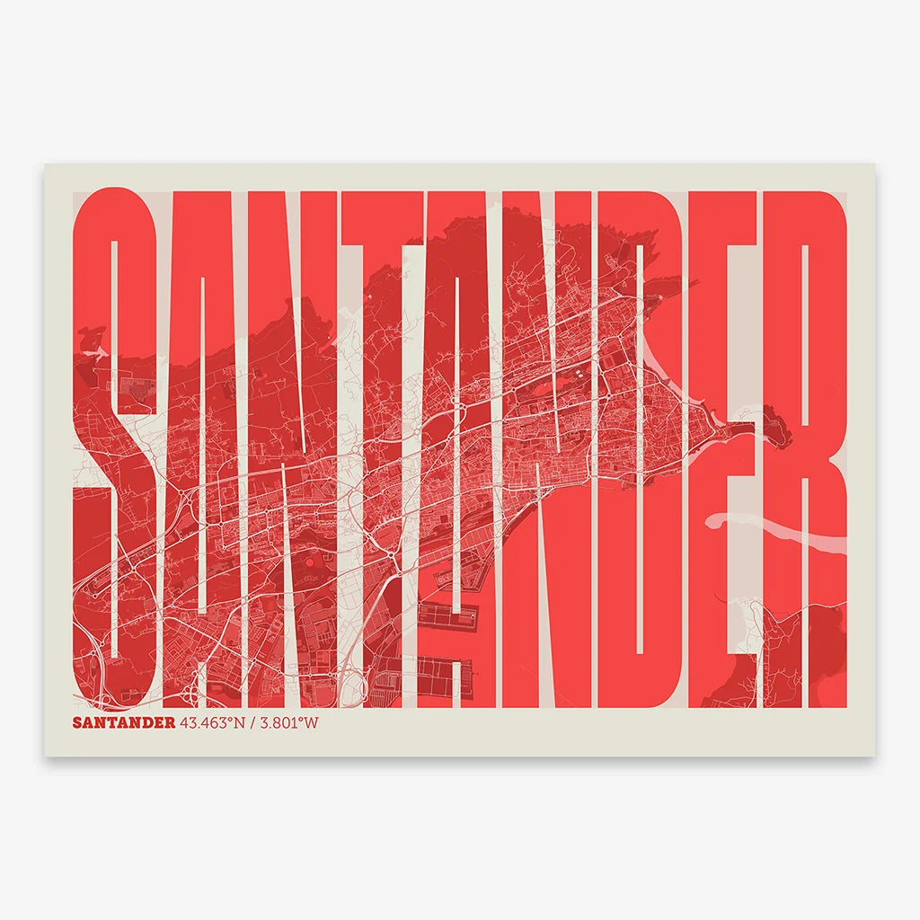 Decorative map of Santander and letters of its name in a giclée print designed in red and an off-white background