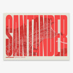 Decorative map of Santander and letters of its name in a giclée print designed in red and an off-white background