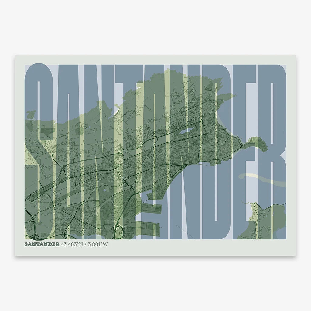 Decorative map of Santander and letters of its name in a giclée print designed in two green tones