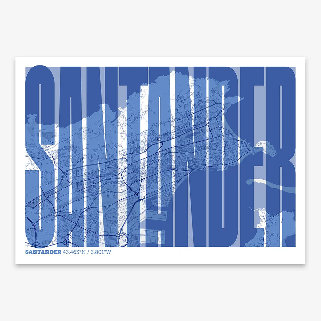 Decorative map of Santander and letters of its name in a giclée print designed in navy blue and white