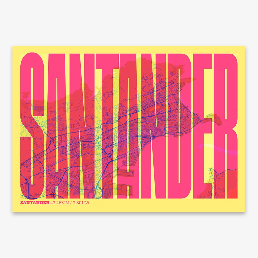 Decorative map of Santander and letters of its name in a giclée print designed in yellow and fuchsia