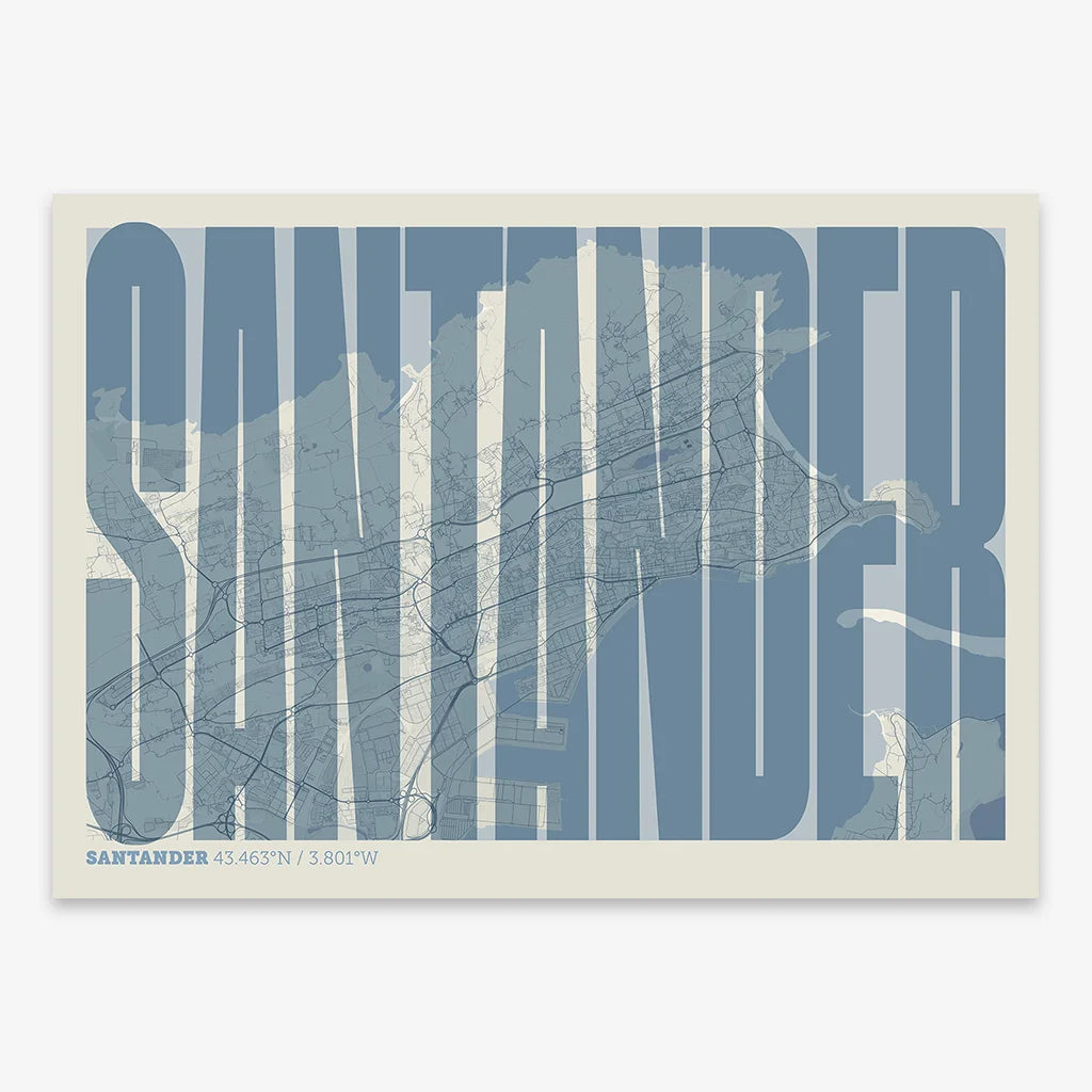 Decorative map of Santander and letters of its name in a giclée print designed in bluish gray and an off-white background