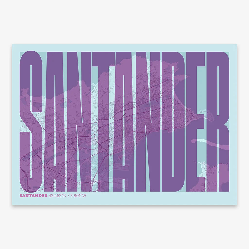 Decorative map of Santander and letters of its name in a giclée print designed in purple and light blue