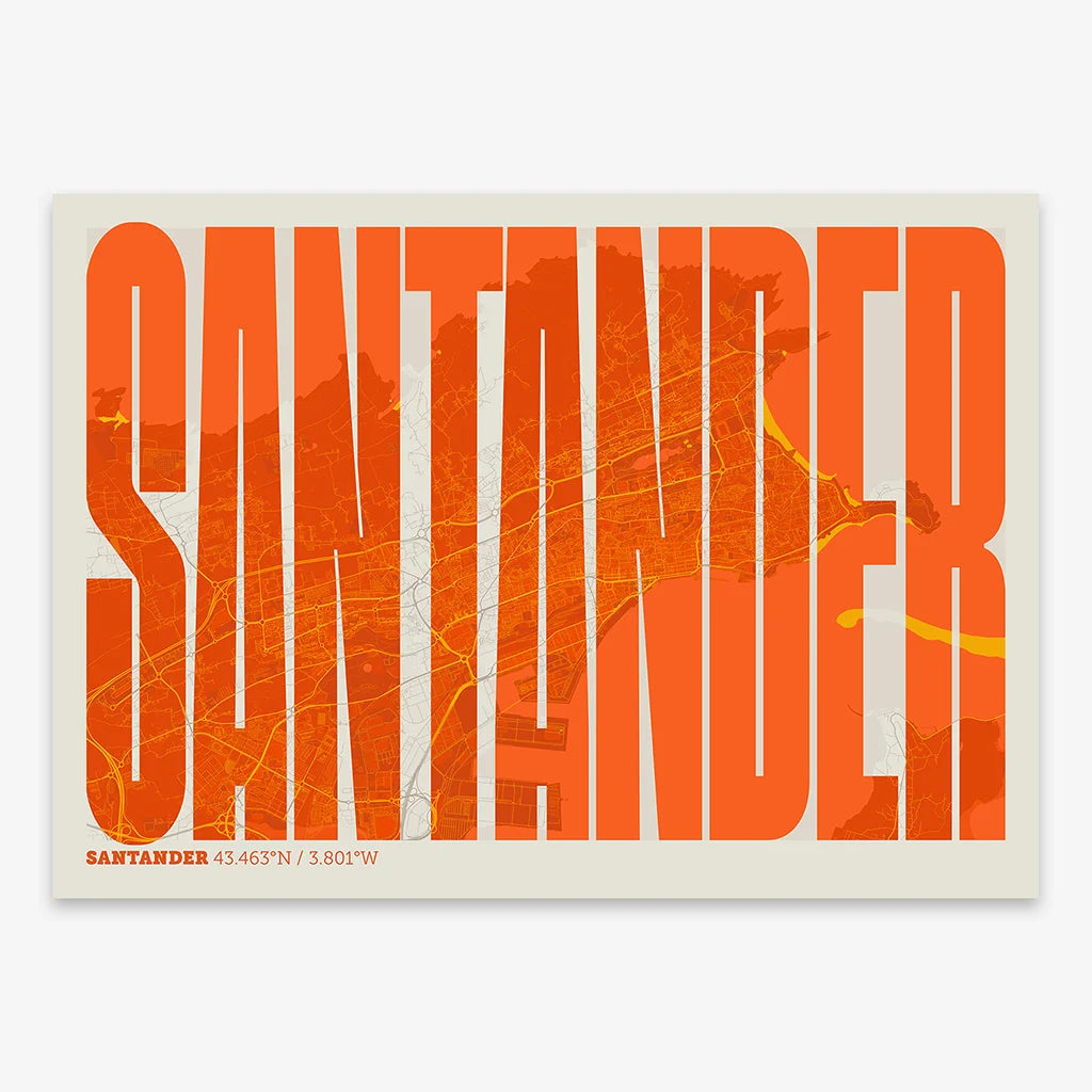 Decorative map of Santander and letters of its name in a giclée print designed in orange and an off-white background