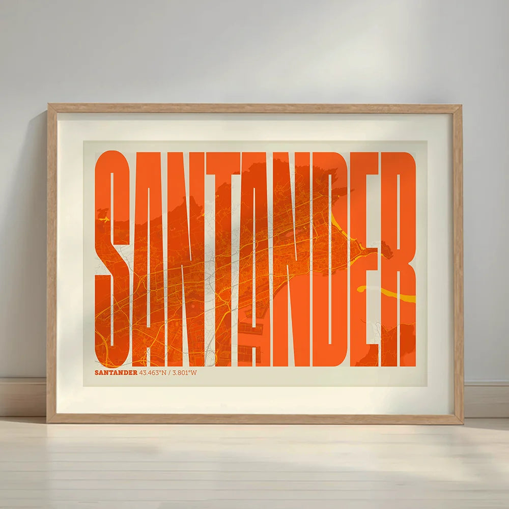 Framed Santander in Extra Compressed design, where the letters are tightly squeezed to fit the city's map shape designed in orange and an off-white background with a white margin border in a warm lit minimalist setting