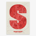 Mapa de Santiago de Compostela en mi diseño la Súper Bold, un póster tipográfico donde el mapa de la ciudad se fusiona con una tipografía extra gruesa para un impacto visual moderno diseñado en rojo y fondo blanco roto