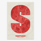 Mapa de Santiago de Compostela en mi diseño la Súper Bold, un póster tipográfico donde el mapa de la ciudad se fusiona con una tipografía extra gruesa para un impacto visual moderno diseñado en rojo y fondo blanco roto