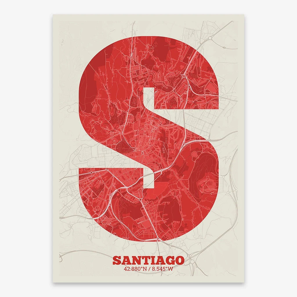 Decorative print of Santiago de Compostela composed with letters in a heavy geometric font printed on red and an off-white background
