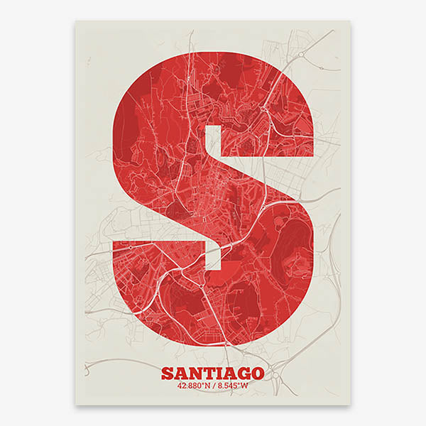 Decorative print of Santiago de Compostela composed with letters in a heavy geometric font printed on red and an off-white background