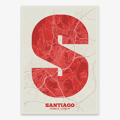 Decorative print of Santiago de Compostela composed with letters in a heavy geometric font printed on red and an off-white background