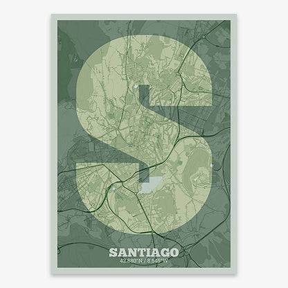 Decorative print of Santiago de Compostela composed with letters in a heavy geometric font printed on two green tones