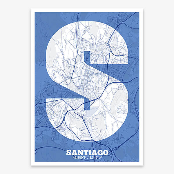 Decorative print of Santiago de Compostela composed with letters in a heavy geometric font printed on navy blue and white