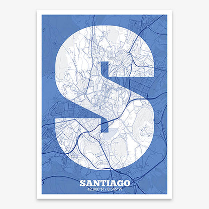 Decorative print of Santiago de Compostela composed with letters in a heavy geometric font printed on navy blue and white