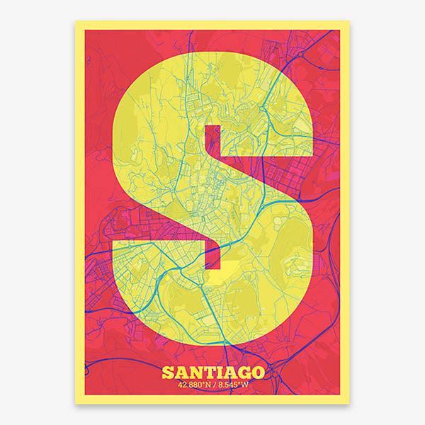Decorative print of Santiago de Compostela composed with letters in a heavy geometric font printed on yellow and fuchsia