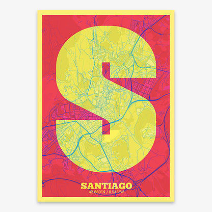 Decorative print of Santiago de Compostela composed with letters in a heavy geometric font printed on yellow and fuchsia