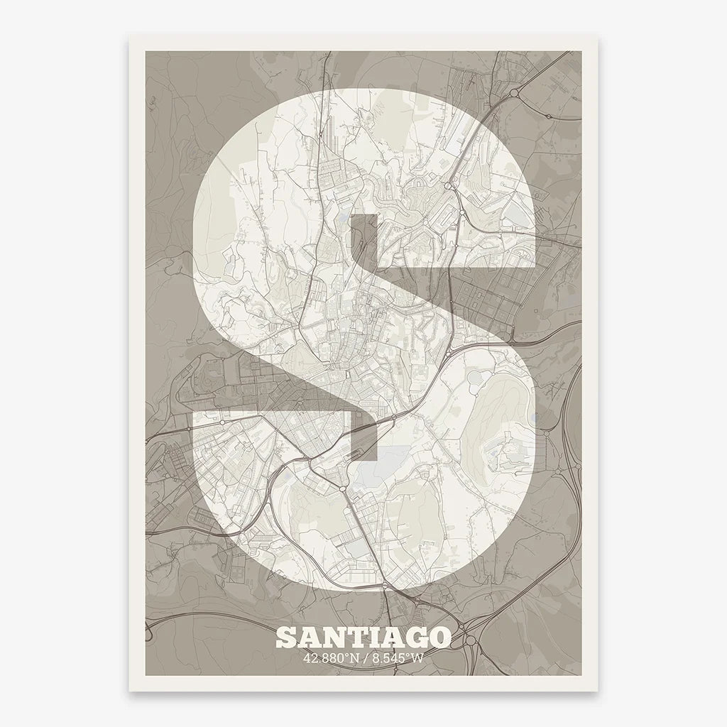 Decorative print of Santiago de Compostela composed with letters in a heavy geometric font printed on light brown and an off-white background