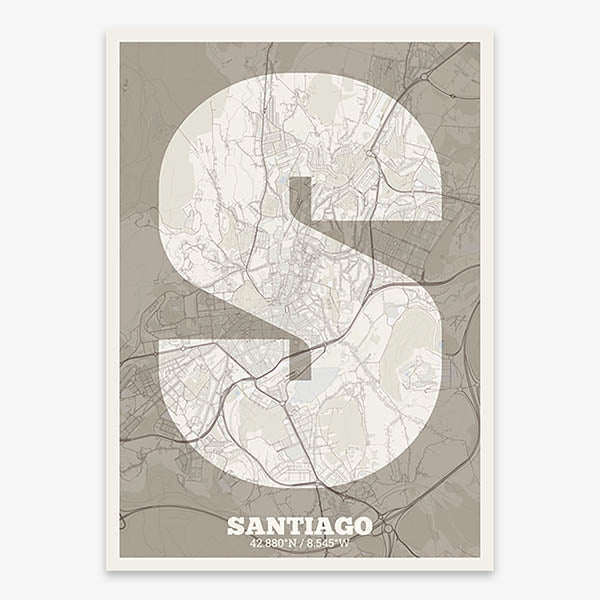 Decorative print of Santiago de Compostela composed with letters in a heavy geometric font printed on light brown and an off-white background