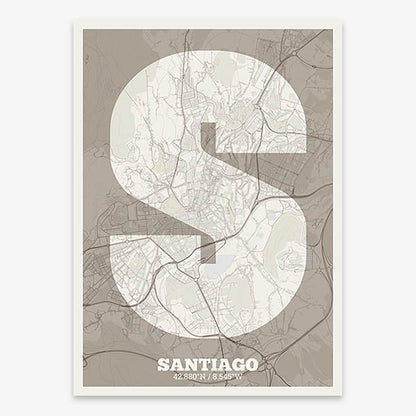 Decorative print of Santiago de Compostela composed with letters in a heavy geometric font printed on light brown and an off-white background