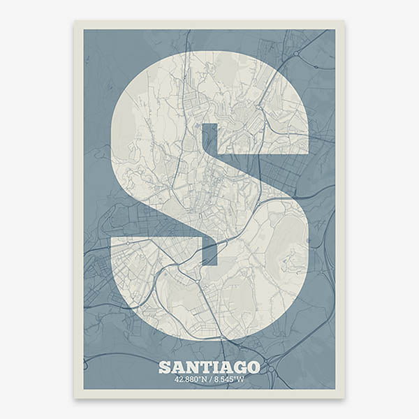 Decorative print of Santiago de Compostela composed with letters in a heavy geometric font printed on bluish gray and an off-white background