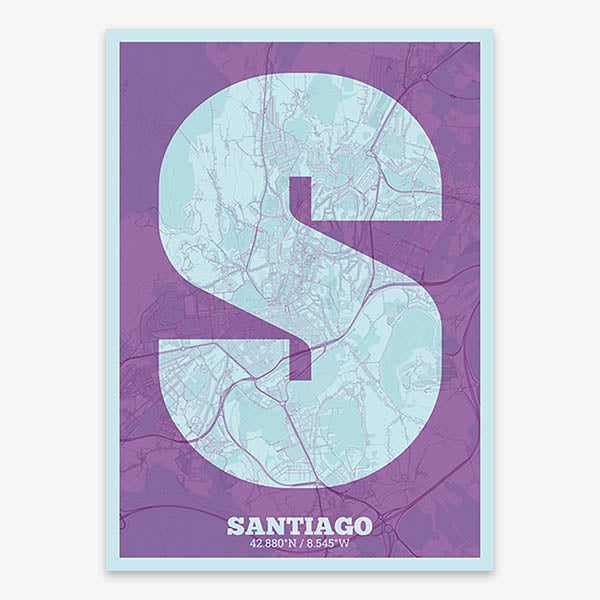 Decorative print of Santiago de Compostela composed with letters in a heavy geometric font printed on purple and light blue