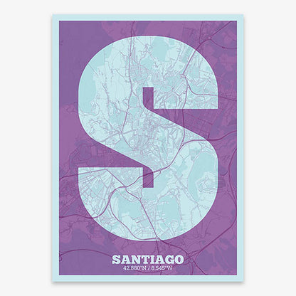 Decorative print of Santiago de Compostela composed with letters in a heavy geometric font printed on purple and light blue