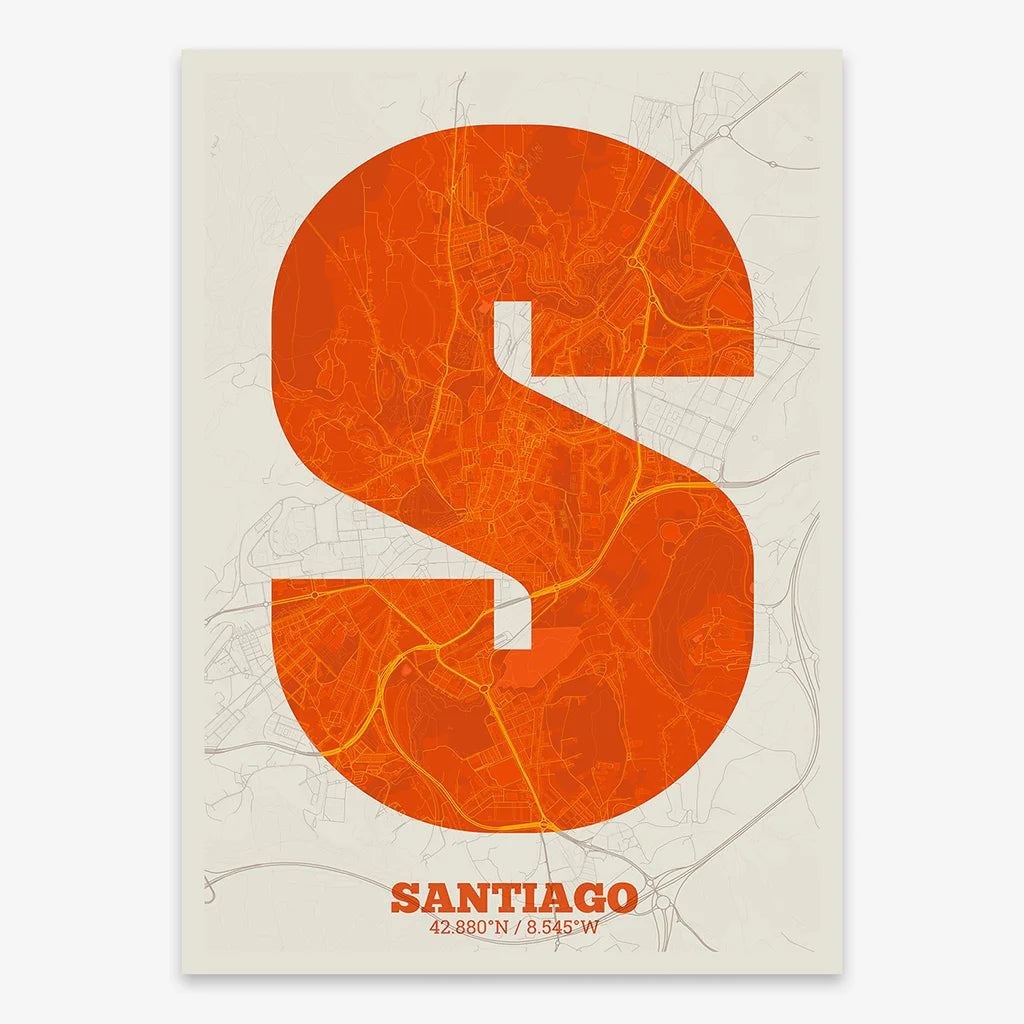 Decorative print of Santiago de Compostela composed with letters in a heavy geometric font printed on orange and an off-white background