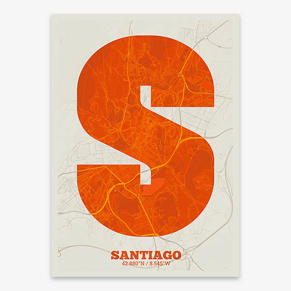 Decorative print of Santiago de Compostela composed with letters in a heavy geometric font printed on orange and an off-white background
