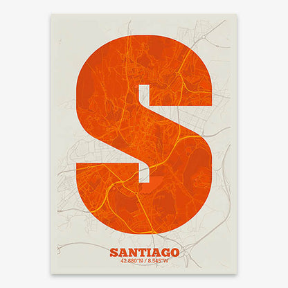 Decorative print of Santiago de Compostela composed with letters in a heavy geometric font printed on orange and an off-white background