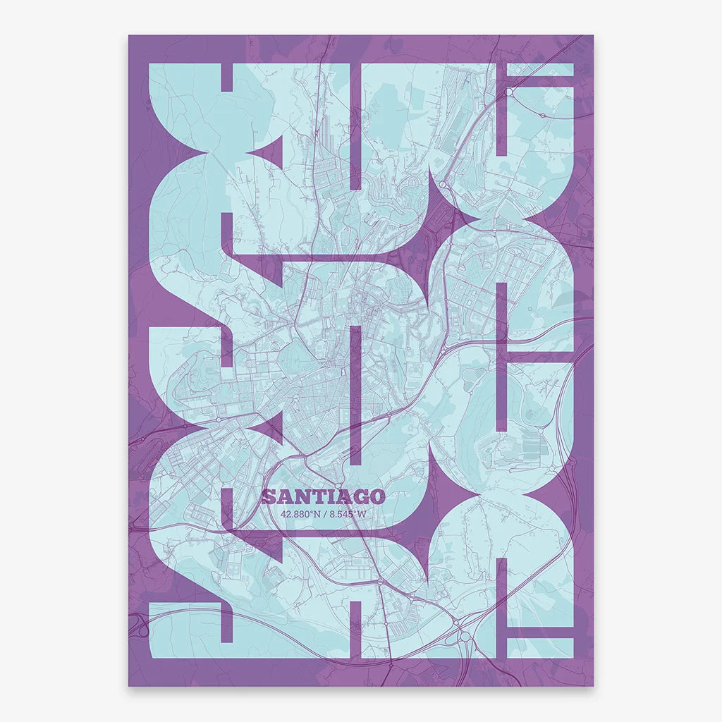 Poster of Santiago de Compostela composed with letters from its abbreviation or its airport IATA code printed on purple and light blue