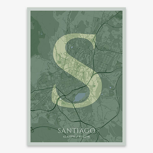 Decorative map of Santiago de Compostela composed with letters in serif font printed on two green tones