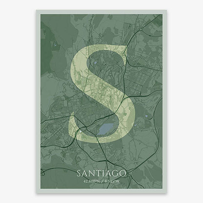 Decorative map of Santiago de Compostela composed with letters in serif font printed on two green tones