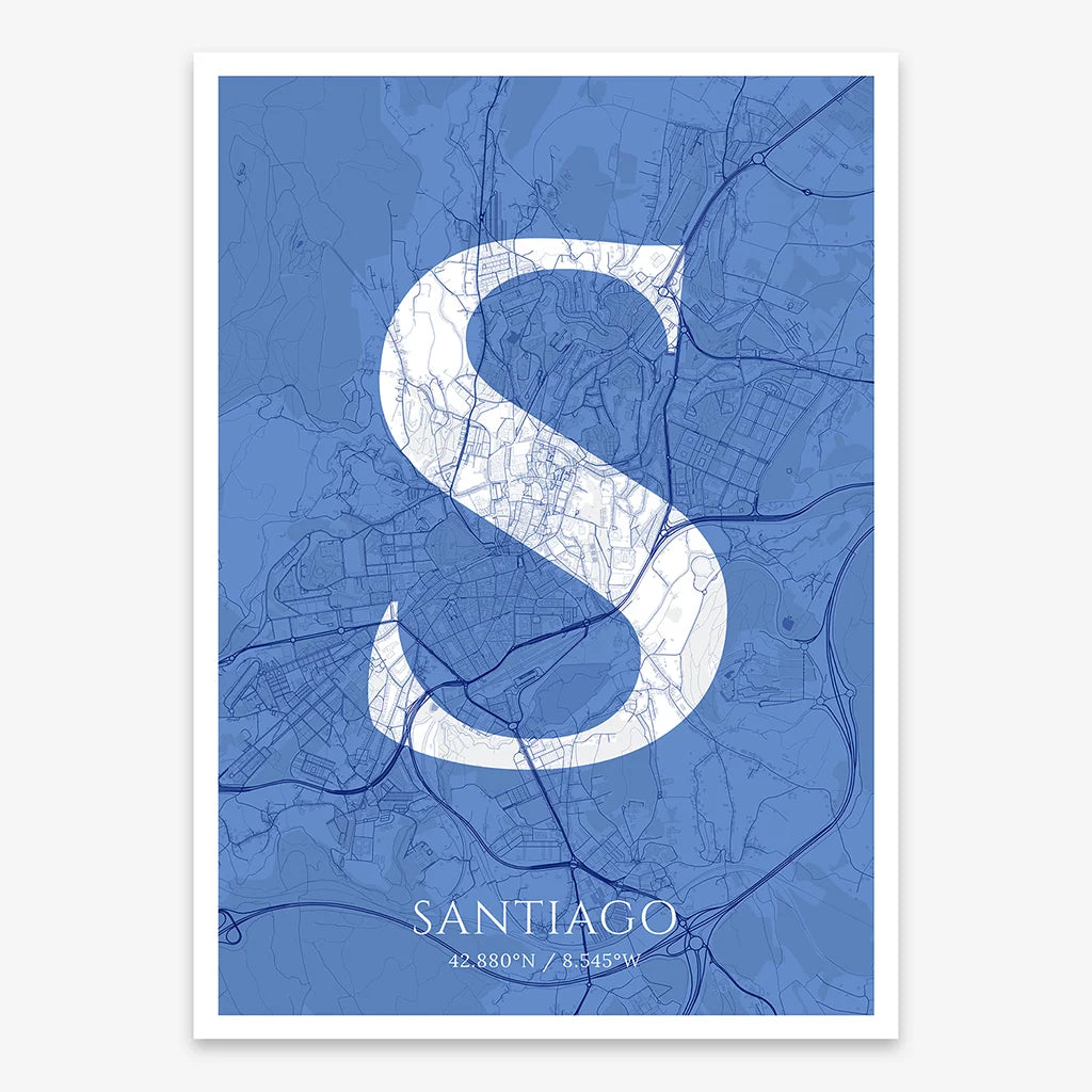 Decorative map of Santiago de Compostela composed with letters in serif font printed on navy blue and white