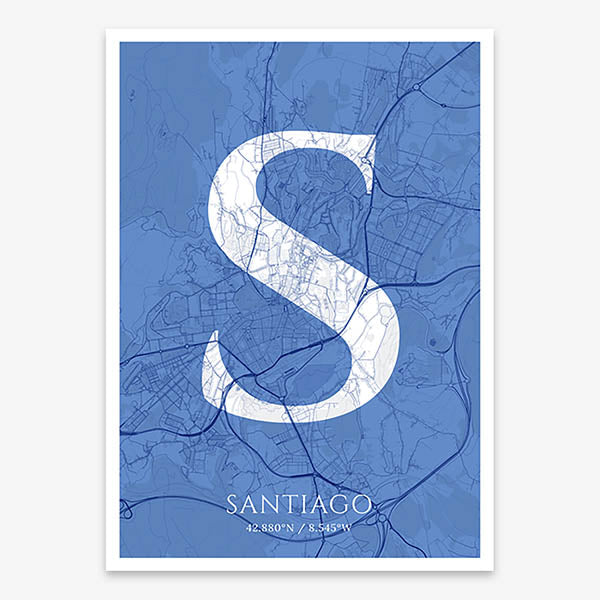 Decorative map of Santiago de Compostela composed with letters in serif font printed on navy blue and white