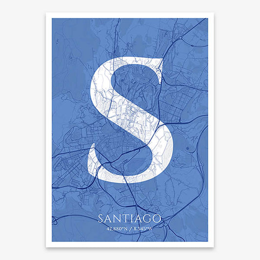 Decorative map of Santiago de Compostela composed with letters in serif font printed on navy blue and white
