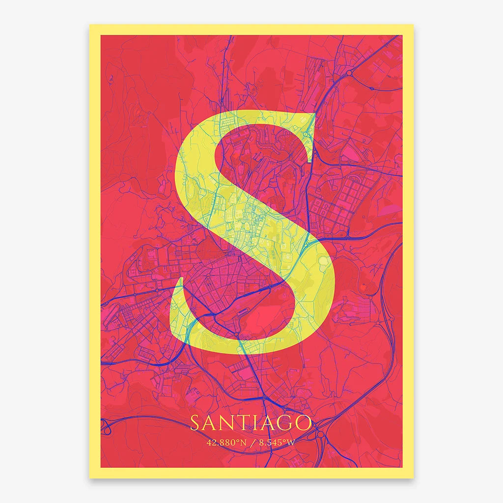 Decorative map of Santiago de Compostela composed with letters in serif font printed on yellow and fuchsia
