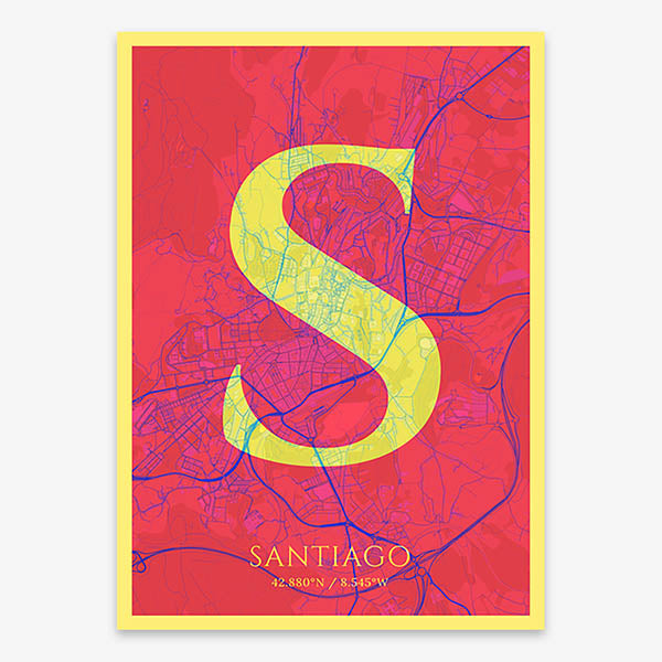 Decorative map of Santiago de Compostela composed with letters in serif font printed on yellow and fuchsia