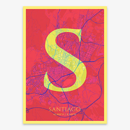 Decorative map of Santiago de Compostela composed with letters in serif font printed on yellow and fuchsia