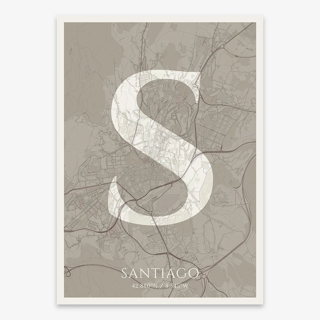 Decorative map of Santiago de Compostela composed with letters in serif font printed on light brown and an off-white background