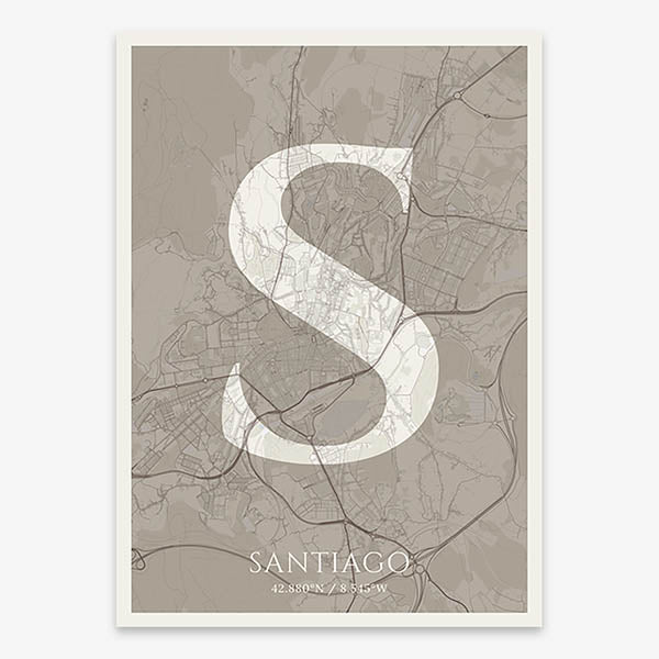 Decorative map of Santiago de Compostela composed with letters in serif font printed on light brown and an off-white background