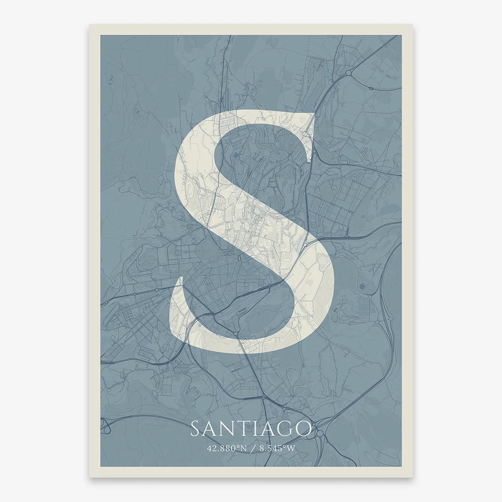 Decorative map of Santiago de Compostela composed with letters in serif font printed on bluish gray and an off-white background