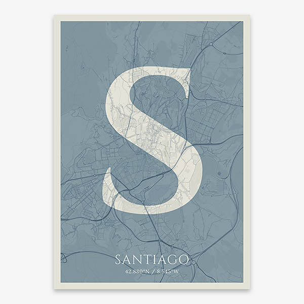 Decorative map of Santiago de Compostela composed with letters in serif font printed on bluish gray and an off-white background