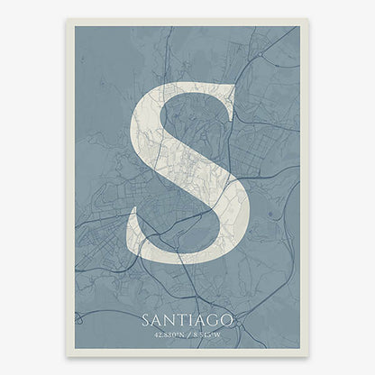 Decorative map of Santiago de Compostela composed with letters in serif font printed on bluish gray and an off-white background