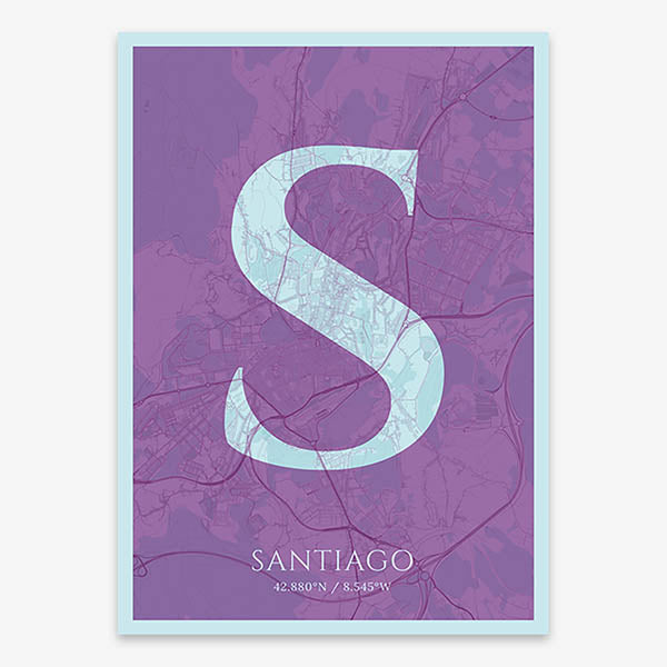 Decorative map of Santiago de Compostela composed with letters in serif font printed on purple and light blue